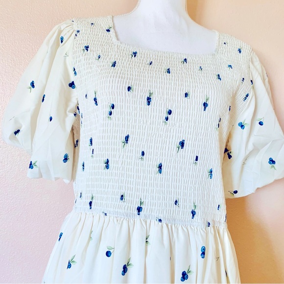 NoliaBae Ivory Lace Smocked Blueberry Print Maxi Dress with Puff Sleeves. - Picture 2 of 12
